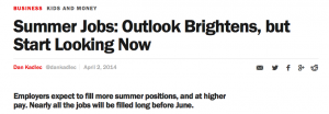 An April 2 Time Magazine article reports on a boosted economy and the resulting job outlook for the summer. 