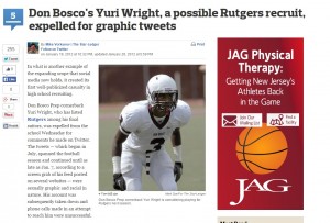 Yuri Wright's inappropriate tweets put his future in jeopardy, a scandal reported on widely in 2012 sports media, including this article from NJ.com. 