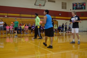 Steph Swartzendruber, Grant Gullett, Abraham Mateo, and Micah Boyer playing Dodgeball. Photo by Meredith Spicher