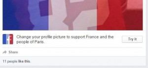 Many Facebook users chose to show their support in the wake of the Paris terrorist attacks by using the French flag photo filter, seen here. Source: npr.org