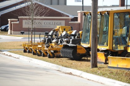 In a show of support for Excel Industries, the Hesston College maintenance department lined up their fleet of Hustler machinery on Main Street. 